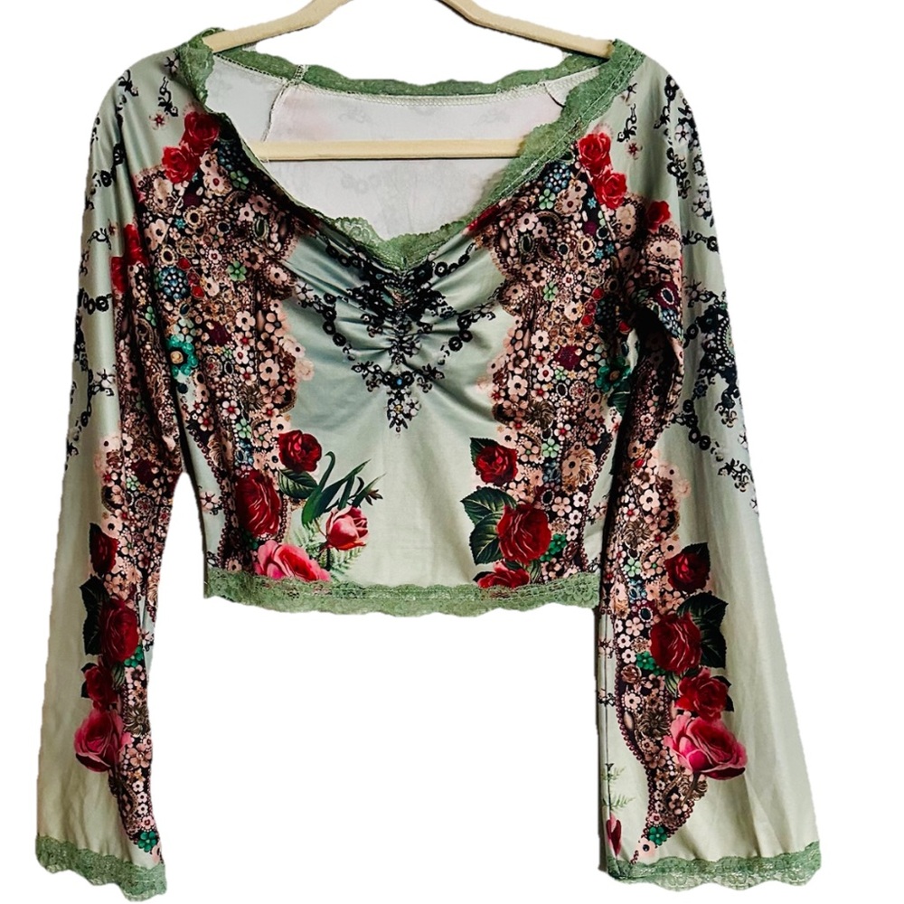 Y2K 90’s Retro Whimsy Goth Earthy Floral VNeck Bell Sleeve Top Fairy Coquette